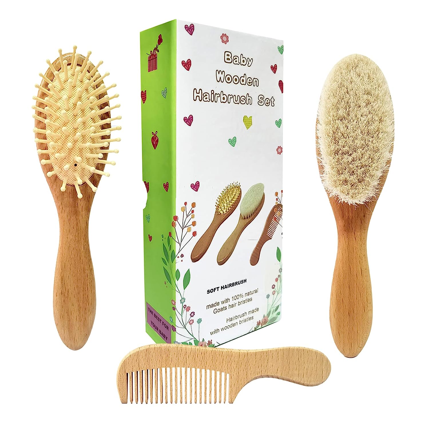 230816040223206_1 Molylove 3 Piece Baby Hair Brush and Comb Set for Newborn Toddlers Natural Wooden Hairbrush with Soft Goat Bristles for Cradle Cap - Perfect Scalp Grooming Product for Infant, Toddler, Kids, Baby - Image 1